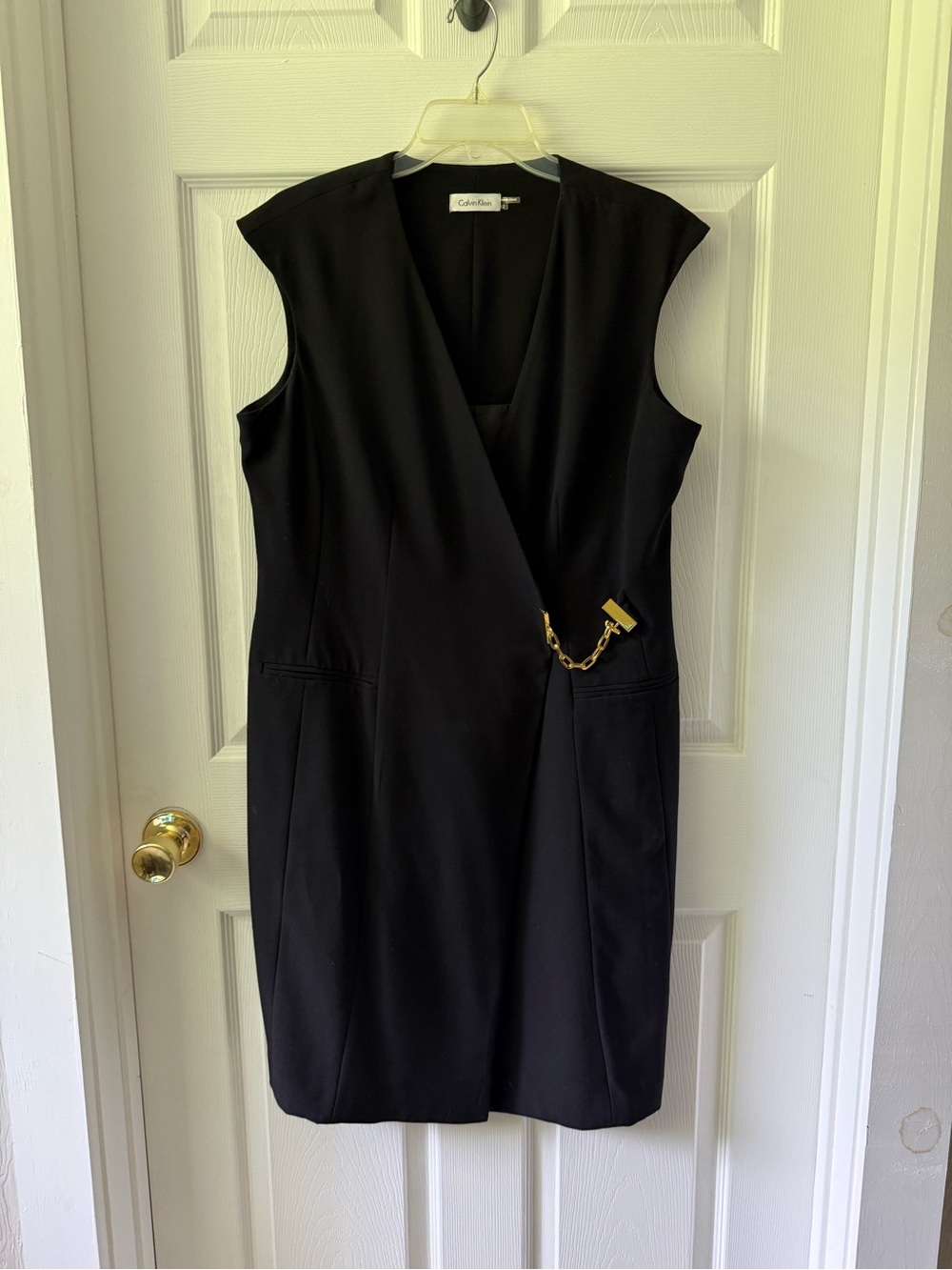 Calvin Klein Black Sleeveless Wrap Dress with Gold Chain Accent